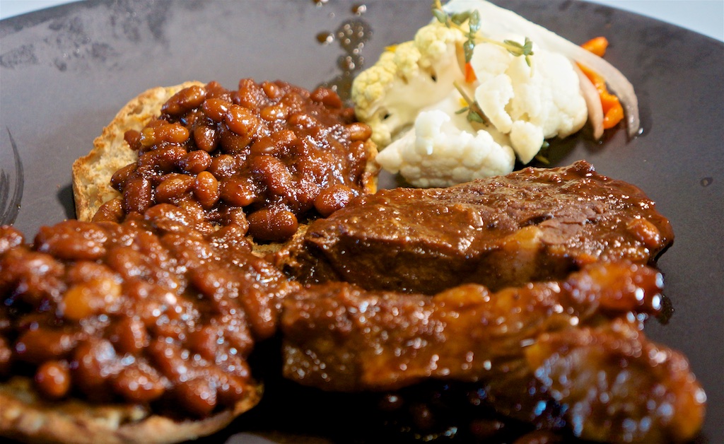 May 4: Quesadilla; Chuck steak in BBQ sauce, with baked beans on an English Muffin.