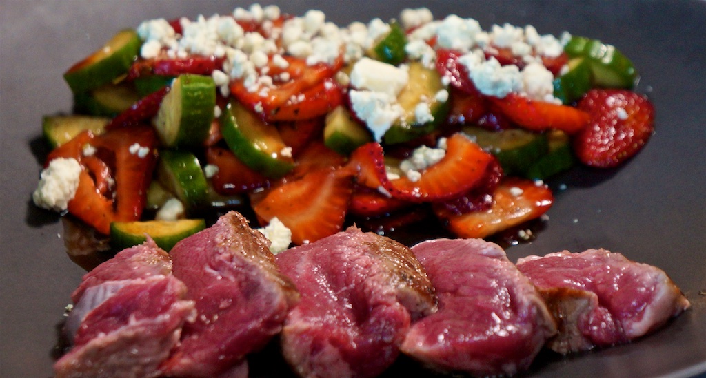 Jul 22: Huevos Rancheros; NY Strip Steak with Strawberry, Balsamic, Cucumber and Blue Cheese Salad