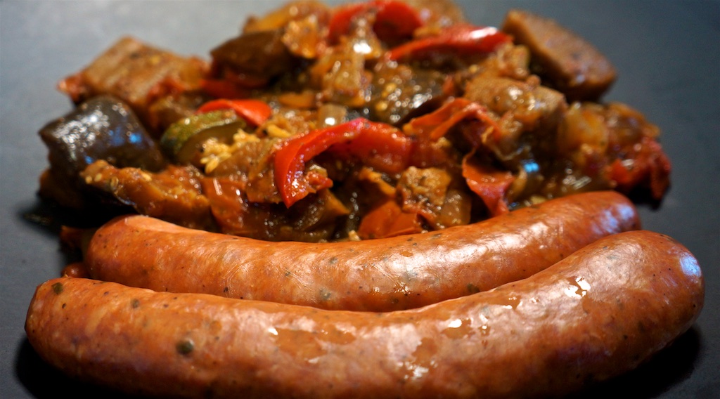 Aug 15: Vegetable Wrap; Pork Sausages with Ratatouille