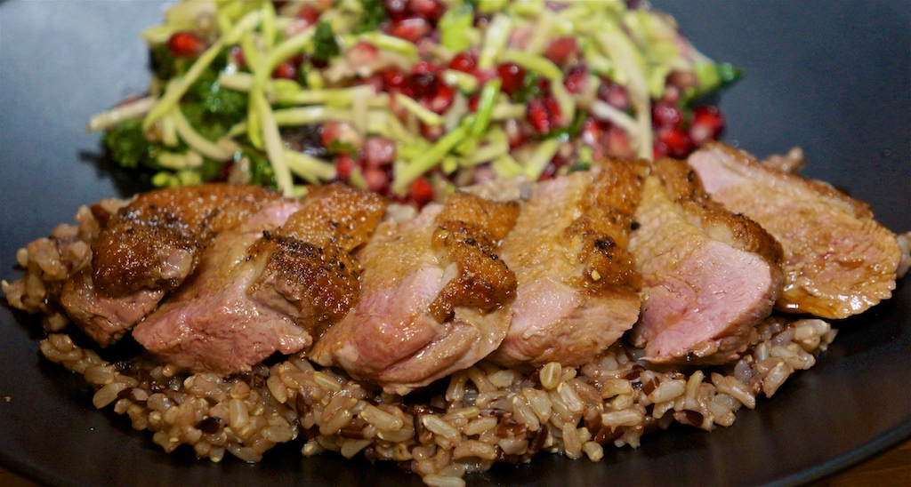 Nov 5: Airline meals; Pan seared Duck Breast with pomegranate-ponzu-soy drizzle; Broccoli and Pomegranate slaw; Wild Rice Mix