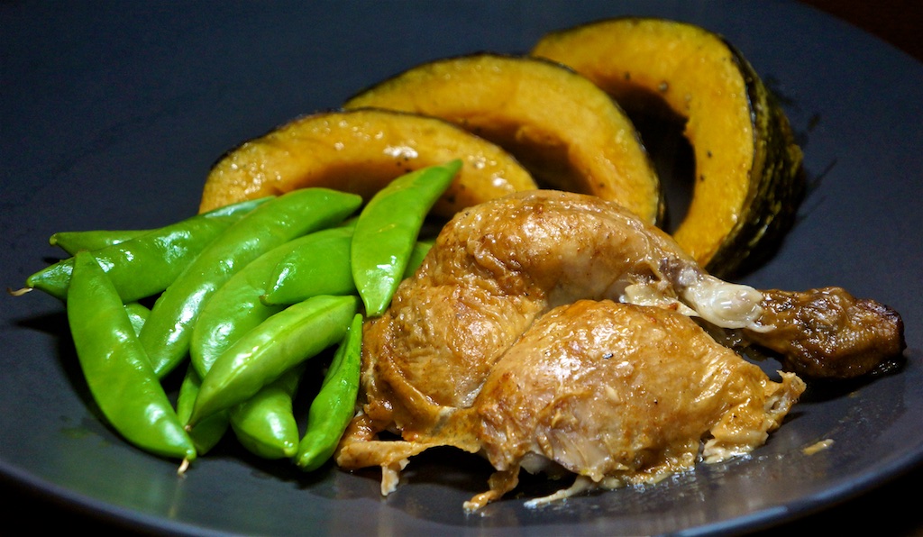 Feb 26: Double Double; Roast Chicken Leg with Kabocha Squash and Sugar Snap Peas