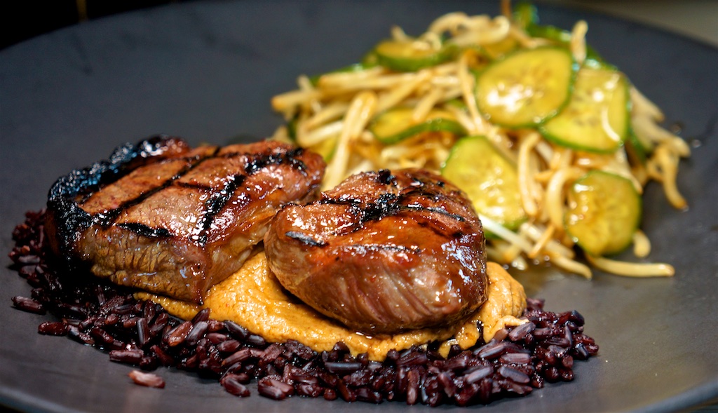 Apr 14: Moon Touched Tomatoes with Swiss; Beef Top Sirloin with Peanut Sauce, Black Rice and Bean Sprout Salad