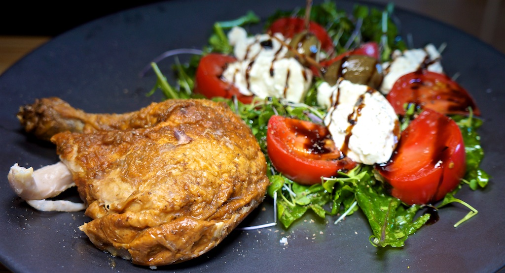 Jun 2: Scrambled Eggs; Roast Chicken Leg with Heirloom Tomato and Burrata Salad