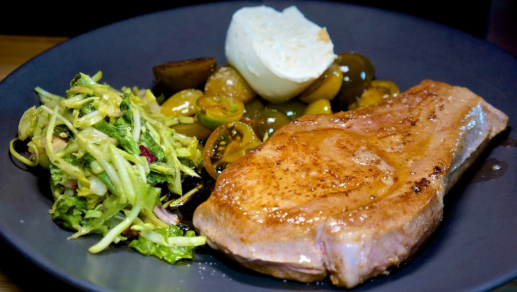 Jul 3: Tuna & Swiss, Tomato and Swiss; Sous Vide Pork Chops with Tomato, Balsamic and Burrata Salad