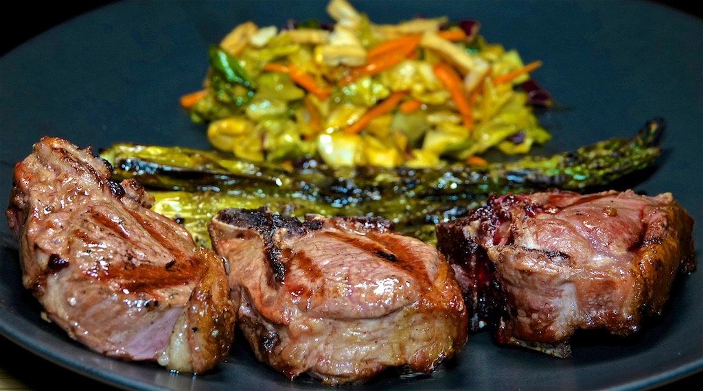 Nov 1: Sweet & Spicy Tuna with Swiss & Capers; Lamb Loin Chop with Grilled Asparagus and Yellow Curry Chopped Salad