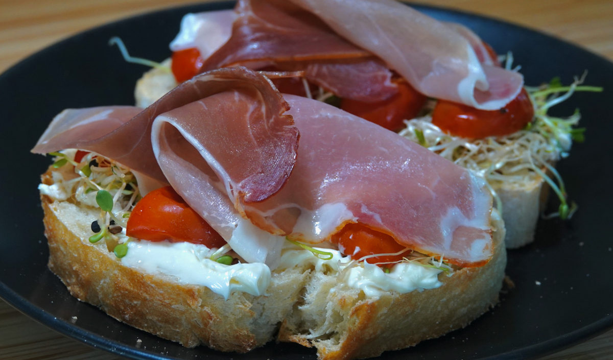 Aug 10: Delice de Bourgogne, Onion Sprouts, Semi-dried Tomato and Prosciutto on Italian Bread