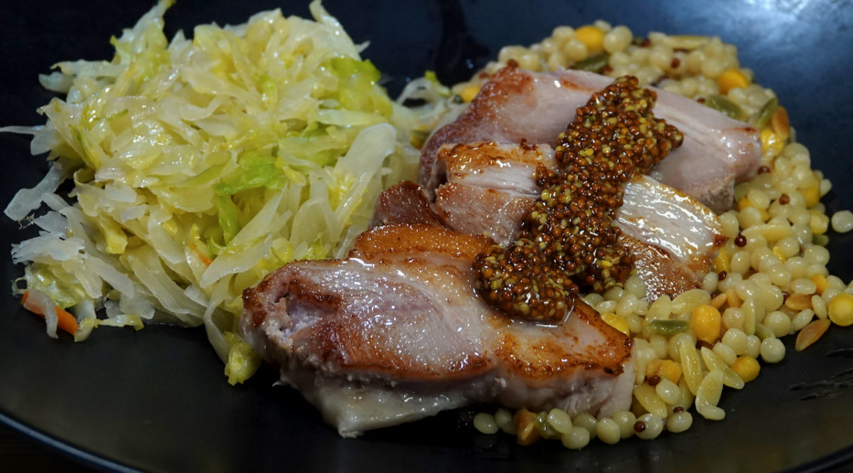 Apr 2: Pork Belly with Sautéed Cabbage and Peal Couscous Blend