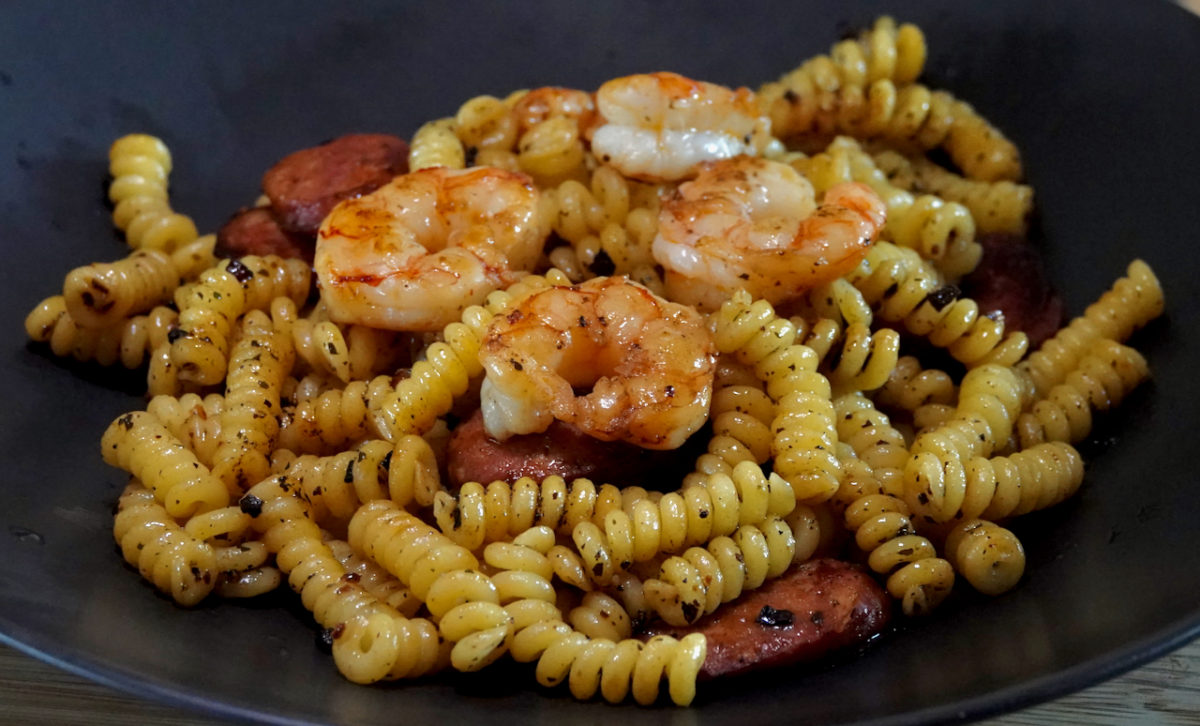 Jun 5: Lemon Pasta with Fried Andouille and Shrimp