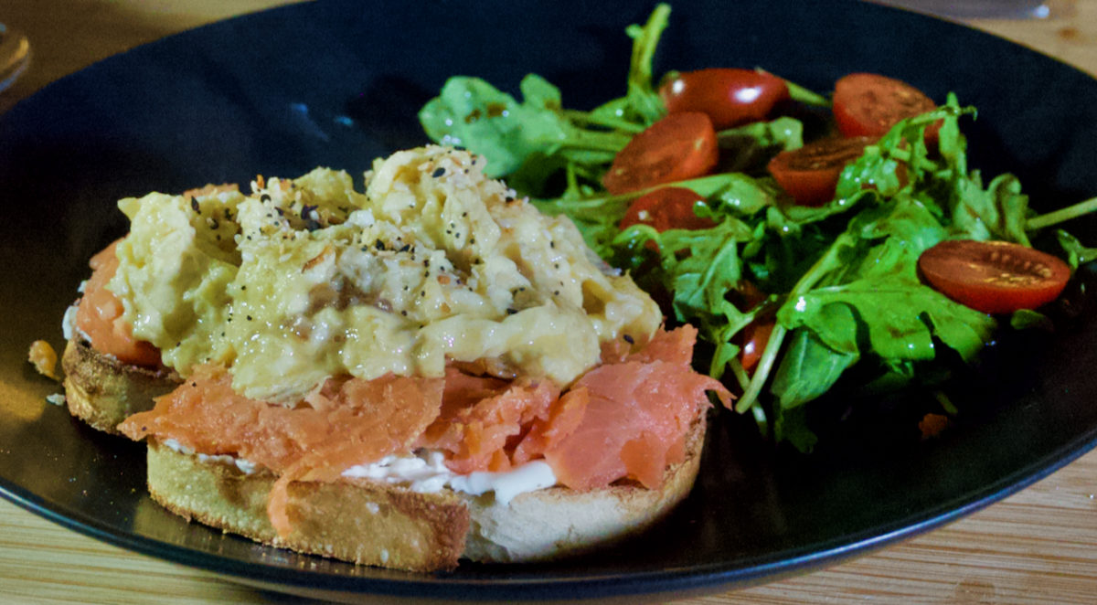 Oct 14: Smoke Salmon on Italian Toast topped with Folded Eggs, with a Simple Salad