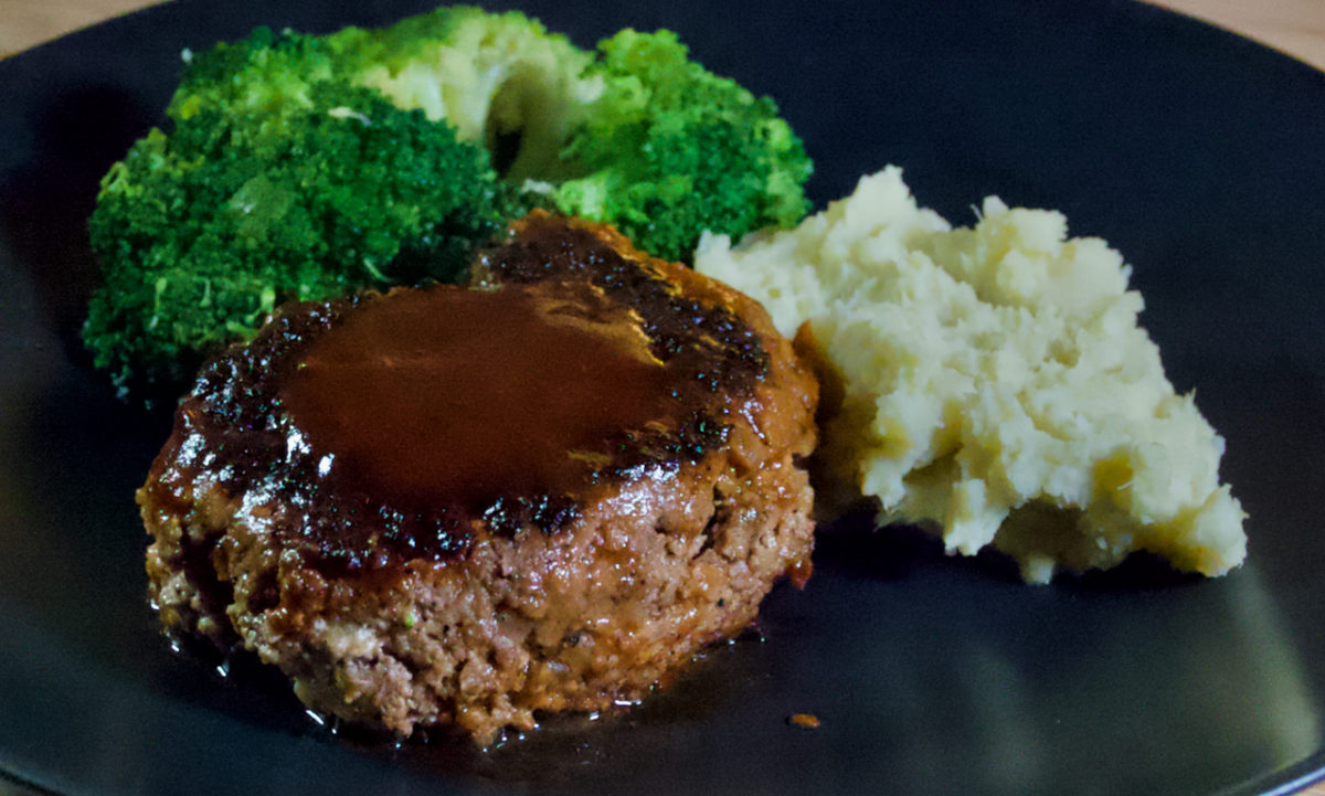 Nov 6: Hambāgu Steak with Mashed Japanese Sweet Potato and Butter Soy Steamed Broccoli