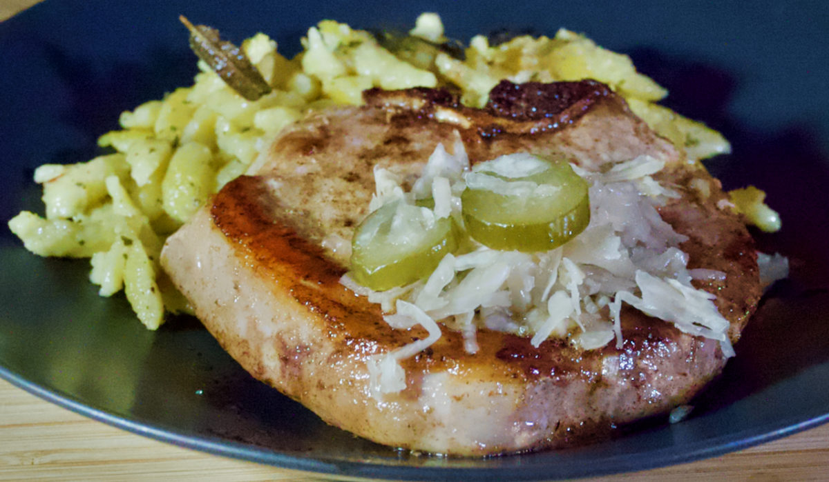 Nov 3: Sous vide and seared Bone-in Pork Loin Chops with Sauerkraut and Garlic Sage Spätzle