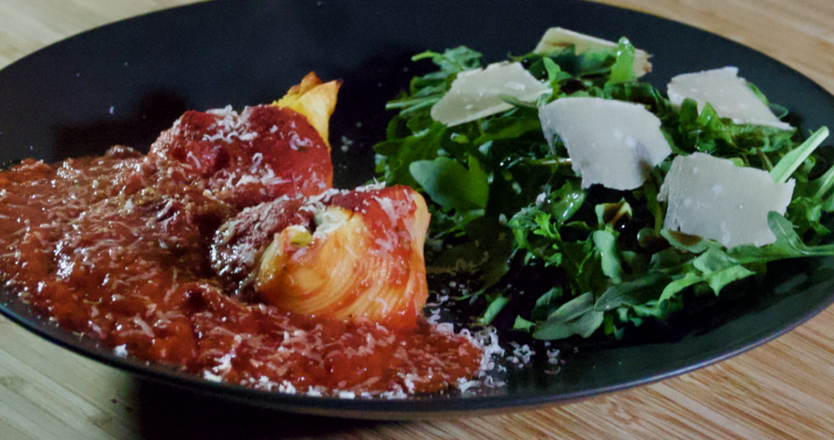 Nov 7: Stuffed Shells with Marinara Sauce and an Arugula Parmesan Salad